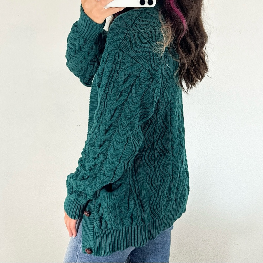 Turquoise green chunky cable knit cardigan sweater - Picture 3 of 3